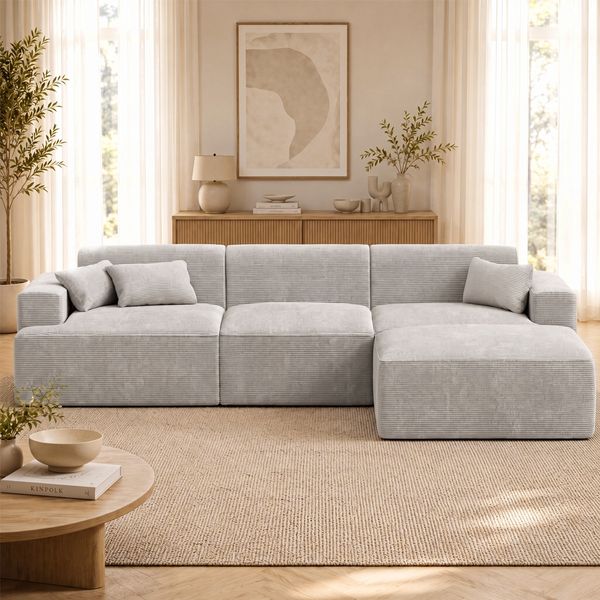 skølm 'Freki' Cloud Sofa 3 Sitzer mit Hocker, Vollschaumcouch mit Federkern und Vakuum-Kompression, kein Aufbau erforderlich, mit 3 Kissen, Cord grau