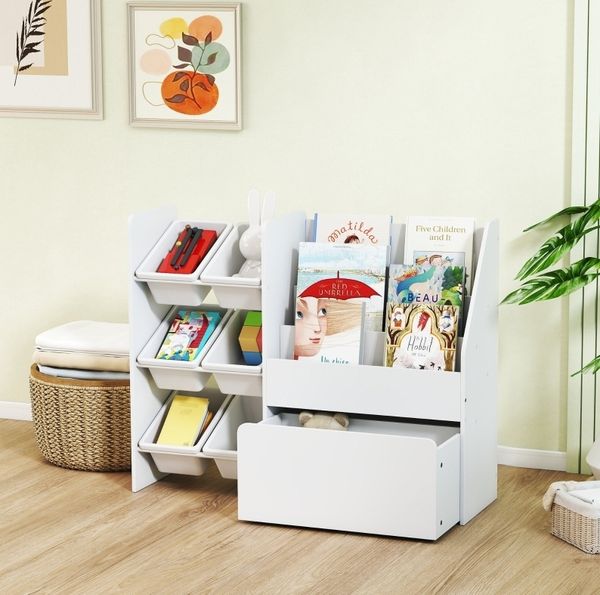 Kinderregal 100 x 30 x 80 cm mit 6 Behältern und Rollen – Spielzeugregal aus Holz und Stahl in Weiß