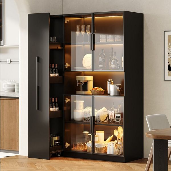 Merax Glasvitrine mit Ausziehbaren Regalen, 2-in-1 LED-Vitrinen (1-St, Multifunktionaler Vitrinenschrank) für Wohnzimmer, Küche und Arbeitszimmer