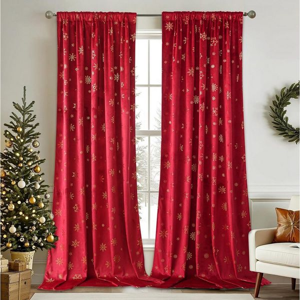Jibenhome Verdunkelungsvorhang Weihnachtsvorhänge,Schneeflocken Goldfolien Vorhang Samt Velvet (2 St), blickdicht, für Wohnzimmer, Schlafzimmer, Weihnachtsfeier-Dekoration