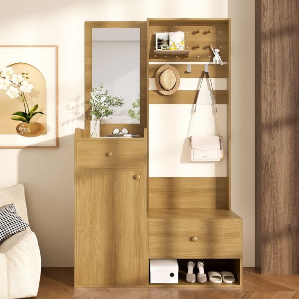 Garderobenschrank aus Spanplatte mit Spiegel & Haken, 105x38x180 cm, Holzfarben