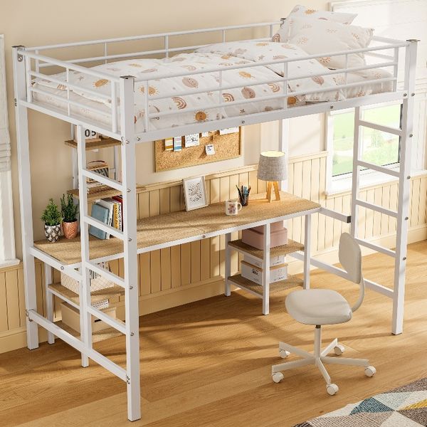 Novelux Hochbett 90x200 Etagenbett mit Schreibtisch und Regalen – Metallhochbett Weiß aus Eisen+MDF, mit Leiter, Fallschutzgitter, ohne Matratze