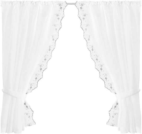 Gardinenset Voile mit Stangendurchzug Serie: Satin schwarz - Blumen bestickt 4-teilig