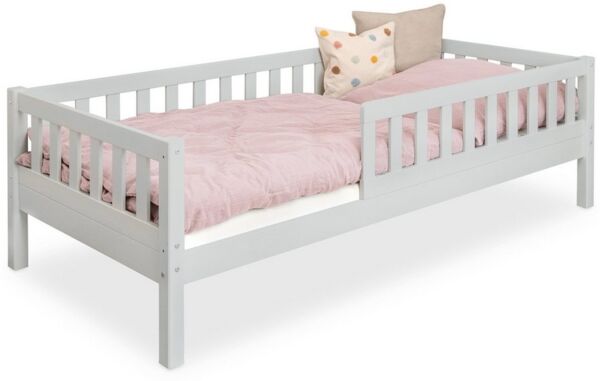Ehrenkind® Kinderbett Lille | Kinderbett 90x200 cm mit abnehmbaren Rausfallschutz aus Massivholz FSC® zertifziert| Jugendbett 90x200 Hellgrau