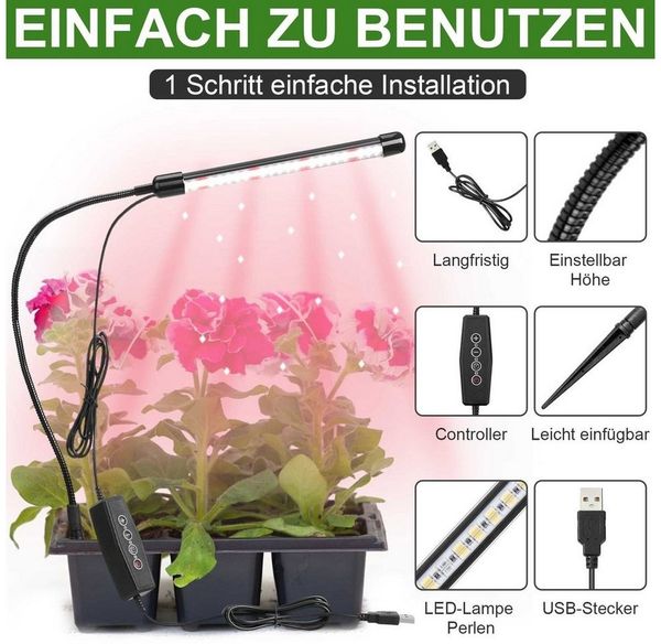 Rosnek Pflanzenlampe Dimmbar, 360° flexibel, für Zimmerpflanzen Setzlinge Blume Sukkulente, Rot, Weiß, Timer, 8Rot+40Weiß LEDs Bild 2
