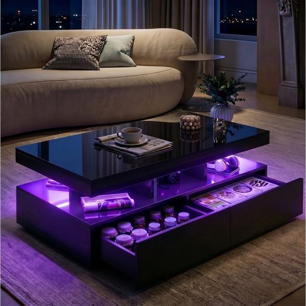 PXloue Couchtisch LED-Couchtisch mit Stauraum und modernem Design (Hochglänzender), Praktischer Tisch mit Schubladen und integrierter Beleuchtung