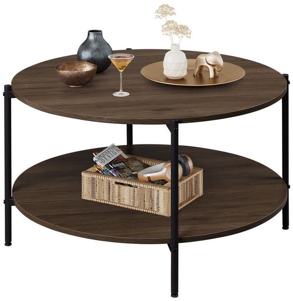 WLIVE Couchtisch Couchtisch rund mit 2 Ebenen, Beistelltisch Holz mit Metallgestell (1 Tisch), Wohnzimmertisch mit Metallrahmen, für Wohnzimmer, Schlafzimmer