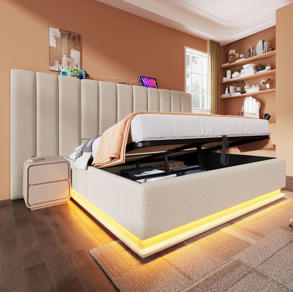 Polsterbett, Leinen mit LED, USB-Anschluss & Stauraum, 180x200 cm, Beige, mit Matratze