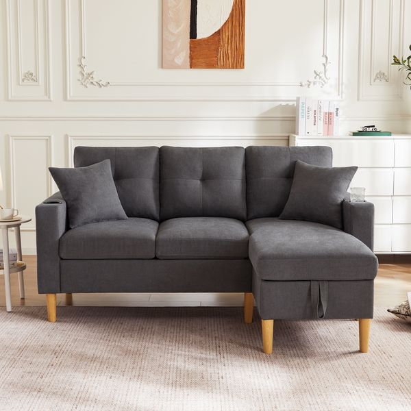 L-förmiges modernes Sofa, 3-Sitzer-Sofa mit Chaiselongue, Stauraum, integriertem Getränkehalter, wird mit 2 Kissen geliefert, geeignet für Wohnzimmer, Dunkelgrau