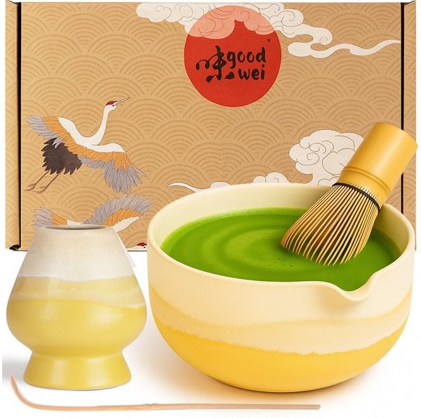 Goodwei Teeservice Matcha Latte Set Fuji Yellow (4-tlg), 1 Personen, Keramik, handgearbeitet
