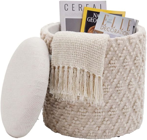 Sitzhocker mit Stauraum aus Wolle 40cm Creme Stoff Rund - Design Boho Stoffhocker mit abnehmbarem Deckel - Polsterhocker Schminktisch Hocker - Beistellhocker für Wohnzimmer Handmade
