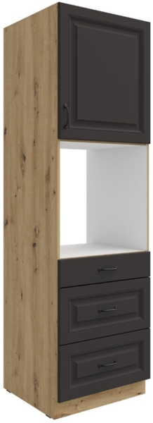 Küchen Backofen Hochschrank 60 cm mit Schubladen Stilo Grau + Eiche Artisan Küchenzeile Küchenblock Einbauküche Landhaus Küche
