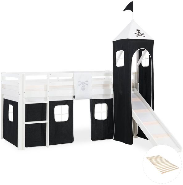 Hochbett mit Lattenrost 90x200 Turm Rutsche Stockbett Kinderbett Holz Kiefer Vorhang schwarz Pirat