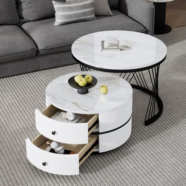XDeer Couchtisch 2-teiliges Couchtisch-Set,Runde Tische mit hochglänzender, 2 Schubladen, Nesting-Kombination Couchtisch