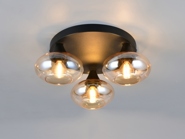 Deckenleuchte DIVINA rund mit 3 Glas Lampenschirmen Bernsteinfarbig, Ø 39cm