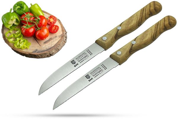 SMI Tomatenmesser 2-tlg Solingen Olivenholz Wellenschliff Gemüsemesser Obstmesser