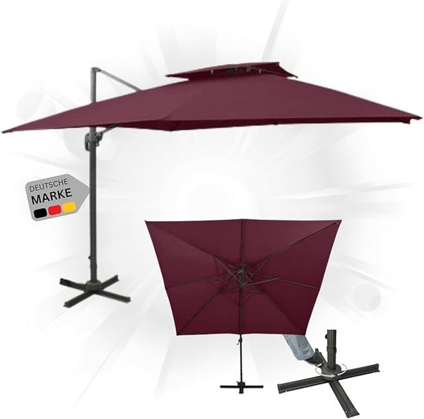 Sonnenschirm rechteckig LOTI 300cm Rot UV-Schutz, Kippbar, Kurbelsystem Ampelschirm rechteckig Freiarm Sonnenschirm 300 cm Kurbelschirm Standschirm Sonnenschutz Gartenschirm
