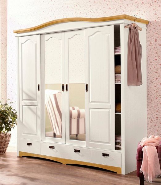 Home affaire Schiebetürenschrank Konrad, Landhausstil, rustikal, mit Schubladen + Spiegel, Kassetten massive Kiefer, FSC®-zertifiziert, Messinggriffe, mehrere Varianten
