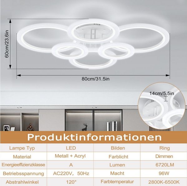 FIVMEN LED Deckenleuchte Deckenlampe Dimmbar mit Fernbedienung LED Lampen, Verstellbares Licht Deckenleuchten für Wohnzimmer Schlafzimmer