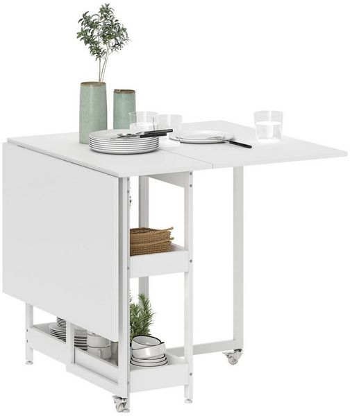 HOMCOM Esstisch Klappbar Küchentisch für 2-4 Personen mit 2 Offenen Ablagen, Esszimmertisch Klapptisch mit Rollen für Kleine Räume, Esszimmer, Küche 133,4 x 80 x 75 cm Weiß