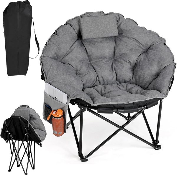 TLGREEN Campingstuhl Moonchair Luxus Klappbarer Campingstuhl (150KG Belastbar,Dicker Polster,Rutschfest,Mit Seitentasche & Kopfkissen), Outdoor Stuhl für Garten, Angeln, Camping, Strand
