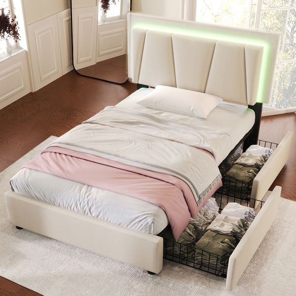 Polsterbett 90x200 cm mit LED-Beleuchtung, 2 Schubladen, höhenverstellbarem Kopfteil, ohne Matratze