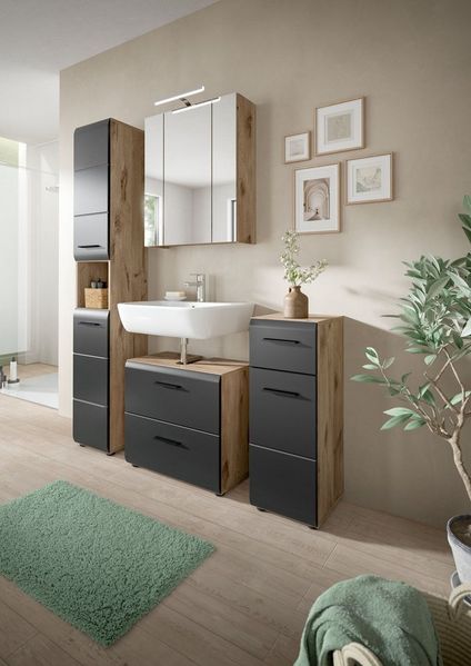 furnling Badezimmerspiegelschrank Ivy (1-St) 3 Türen, 9 Fächer, mit LED-Beleuchtung, Breite 60 cm, Nox Oak