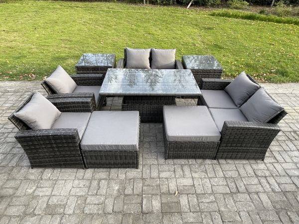 Fimous Gartenmöbel-Set im Freien 9 Stücke Polyrattan Möbel Sofa Esstisch Set mit 2 Großer Fußhocker 2 Beistelltische Dunkelgrau Gemischt