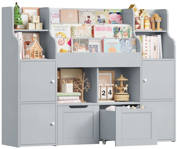 Homfa Kinderregal Spielzeugtruhe mit 2 Schubladen auf Rollen Bücherregal, Kinderbücherregal Spiegelregal mit Tür 126x104x30 cm weiß