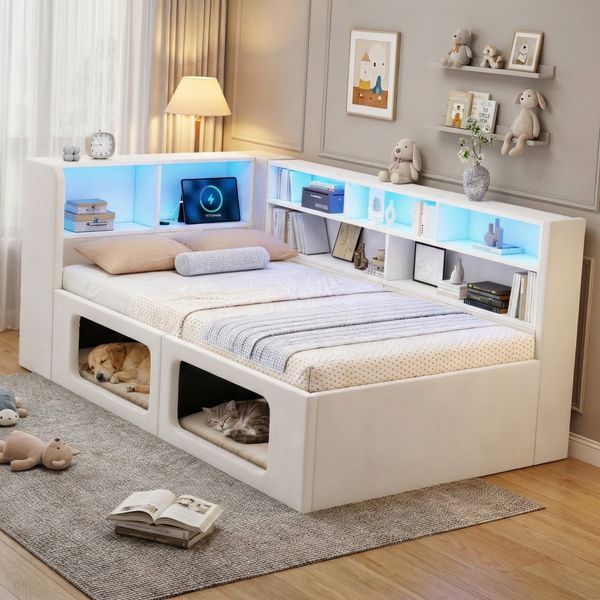 Merax Einzelbett, Daybett 90x200 cm, Polsterbett, Tagesbett, Schlafsofa mit LED, mit integriertem Tierhaus, mit super großen Tierhöhle, USB-Anschluss, Samt, beige
