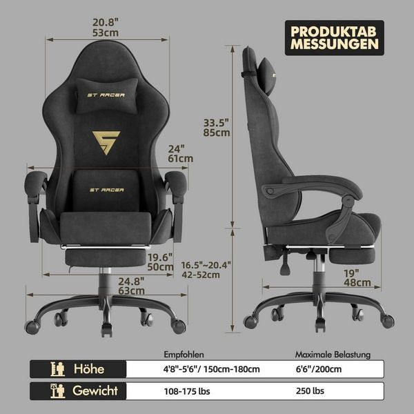 Ferghana Gaming-Stuhl Gaming-Stuhl: Kopfstütze, Lendenkissen, Armlehnen, Fußstütze (Packung), Ergonomischer PC-Stuhl,Rückenlehne 90°-125°