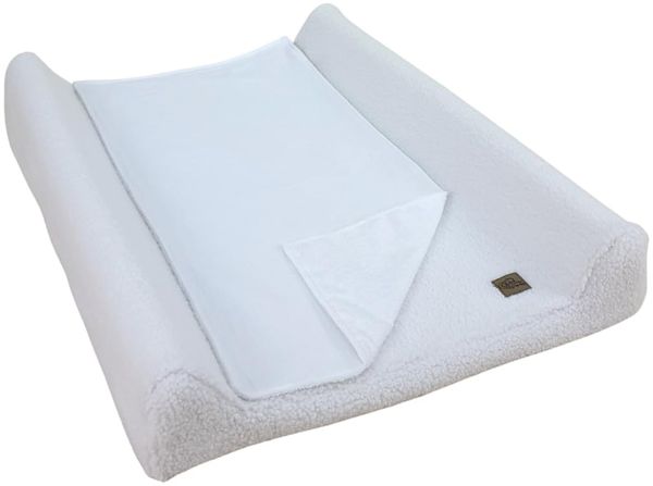 Wiklinopol Wickelauflage 50x70 cm Baby – 3in1 Set mit abnehmbarem Teddy-Plüsch-Bezug (weiß) Wickelunterlage abwaschbar mit Umrandung + wasserdichte Frottee-Wickeltischauflage für unterwegs