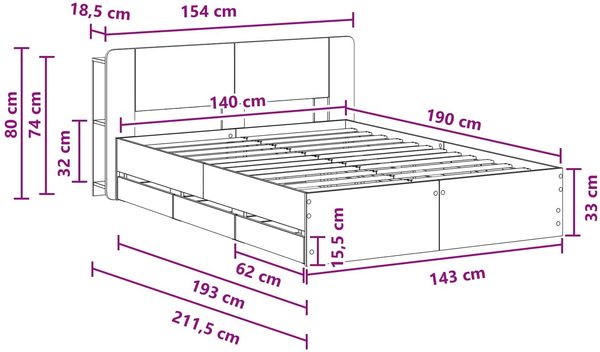 vidaXL Bettgestell mit Stauraum Geräucherte Eiche 135 x 190 cm 3433952 Bild 10