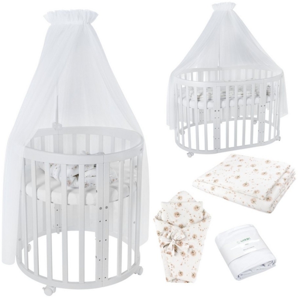 Waldin Babybett Mobiles Babybett OWAL aus Holz 7in1 mit Matratze, mitwachsend