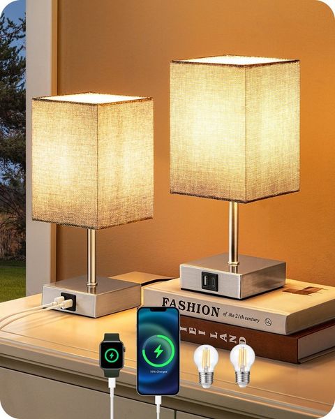 EDISHINE LED Nachttischlampe Schreibtischlampe Touch Dimmbar, 2er-Set Tischleuchten mit USB, LED wechselbar, warmweiß, kleine Tischlampe mit Ladefunktion für Fensterbank, Geschenk