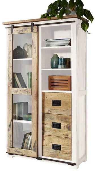 Massivart® Vitrine EMANUEL / Vitrinenschrank / Massivholz Mango / weiß Türapplikationen aus Gusseisen, Beschläge und Schienen aus Eisen