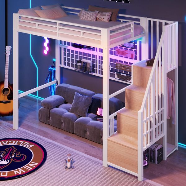 Hochbett mit RGB LED-Streifen, Rausfallschutz, 90x200cm, Treppe mit Regal und Kleiderschrank, Kinderbett, Metallbett