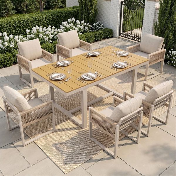 KLAM HOME Garten-Essgruppe 7-tlg. Garten-Essgruppe Beige, 1 Tisch + 6 Stühle mit Seilgeflecht, (Moderne Outdoor Essgruppe mit Kissen, Wetterfest & Pflegeleicht), Platzsparendes Esstisch-Set für Terrasse, Garten & Balkon