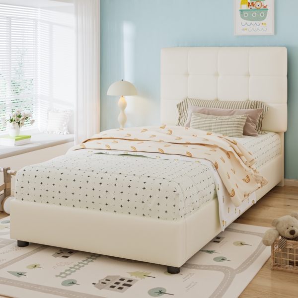 Kinder-Polsterbett 90x200 cm mit Keks-Kopfteil in Beige, ohne Matratze