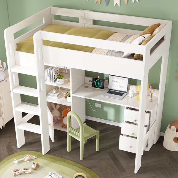 Kinderbett Hochbett mit USB-C Schreibtisch, Kleiderschrank und Aktenschrank, Jugendbett Einzelbett mit Treppe und Lattenrost, Stauraum,90×200, Ohne Matratze