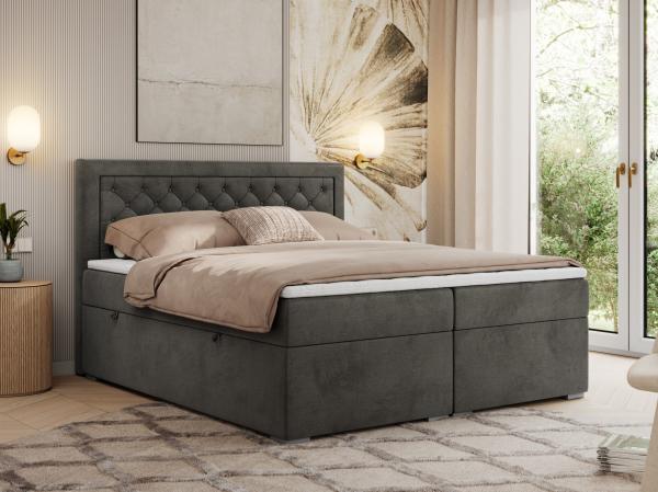 Boxspringbett, Modern Bett mit Multipocket-Matratze und zwei Bettkästen - JASIR - 140 x 200 cm - Dunkelgrau Velvet - H4