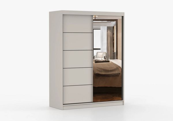 MOEBLO Kleiderschrank LARA 05 Kaschmir (Kleiderschrank Kaschmir mit Spiegel & schwarzen Sprossen, Schiebetüren, Schwebetürenschrank 2-türig Schrank mit vielen Einlegeböden und Kleiderstange) (BxHxT): 150x200x61 cm