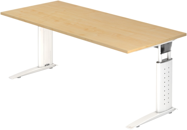bümö höhenverstellbarer Schreibtisch U-Serie 180x80 cm in Ahorn, Gestell in weiß - großer PC Tisch für's Büro manuell höhenverstellbar, Computertisch verstellbar, US-19-3-W