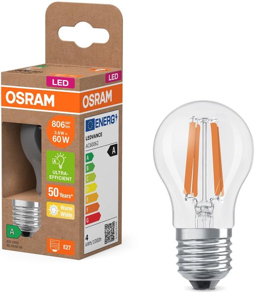 Osram Energy Class LED-Lampe in klassischer Miniballform, 3.8 W / 806 lm, EEK A, warmweißes Licht (2700 K), CRI 80, aus klarfarbenem bleifreiem Glas, E27 Sockel, IP20, 45 mm Durchmesser.