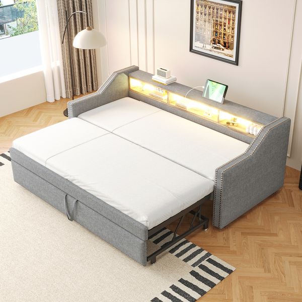 Polsterschlafsofa 90/180x190 cm -Hellgrau, ausziehbar mit Staufach und USB-Anschluss