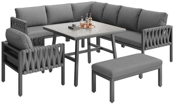 KLAM HOME Gartenlounge-Set Seilgartenmöbelset mit Ecksofa und verstellbare Beine für 7-8 Personen, (5-tlg, 1 4-Sitzer Sofa, 1 Ecksofa, 1 Sessel, 1 Couchtisch, 1 Fußbank), geeignet für Gärten, Schwimmbäder und Terrasse