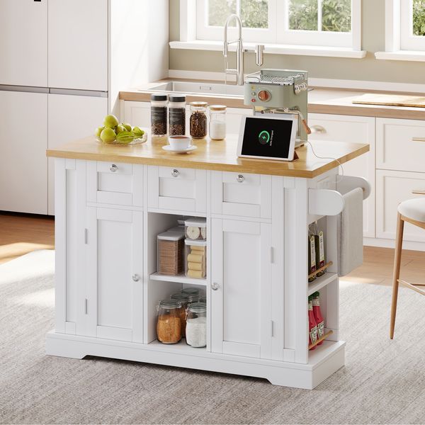Kommode 132x40(70)x87 cm mit ausziehbarer Arbeitsplatte, Rollen und integrierter Steckdose,Weiß und Natürlich