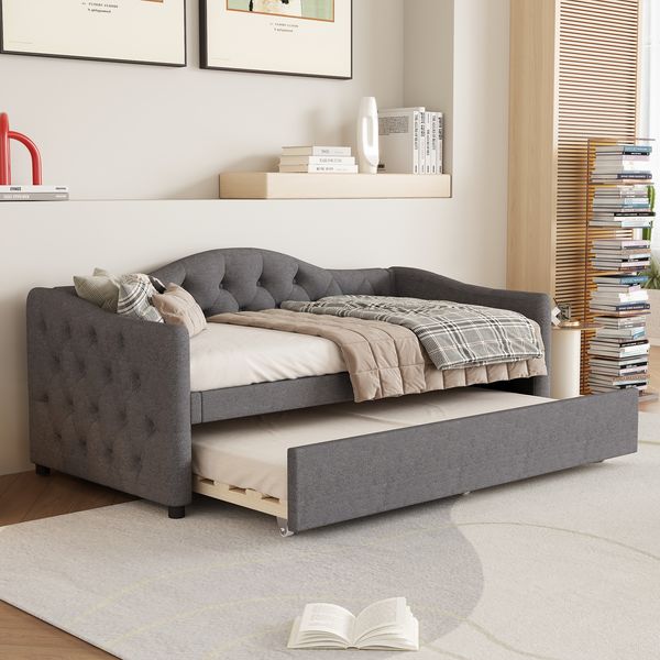 Tagesbett Mit Ausziehbarem Rollbett 90x200 cm Leinen Bezug Grau Modern Minimalistisch 150 kg Tragkraft