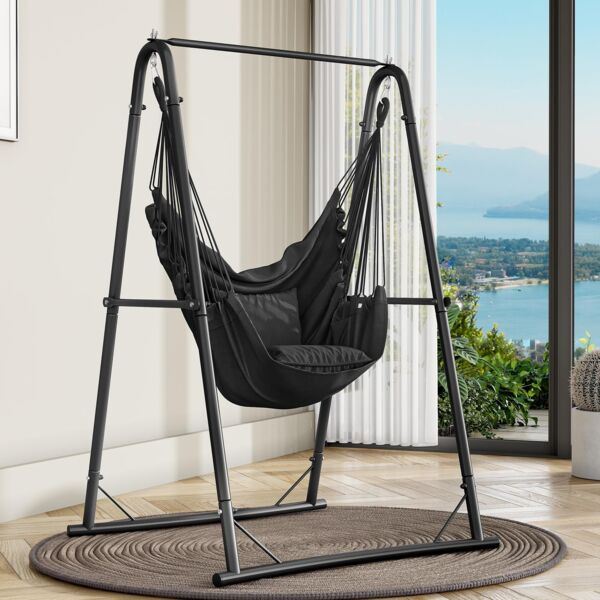 YITAHOME Hängesessel mit Gestell 105x93x160 cm, Stabiles Stahlgestell, Hängemattenständer mit Hängender Schaukel, Max. Belastung 150 kg, Schaukelstuhl mit 2 Haken und 2 Rückenkissen für Garten, Blau
