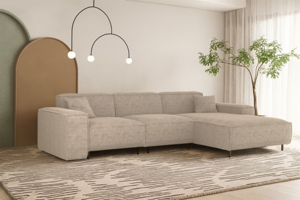 Ecksofa Designersofa GLORIA in Stoff Scala Beige Ottomane Rechts